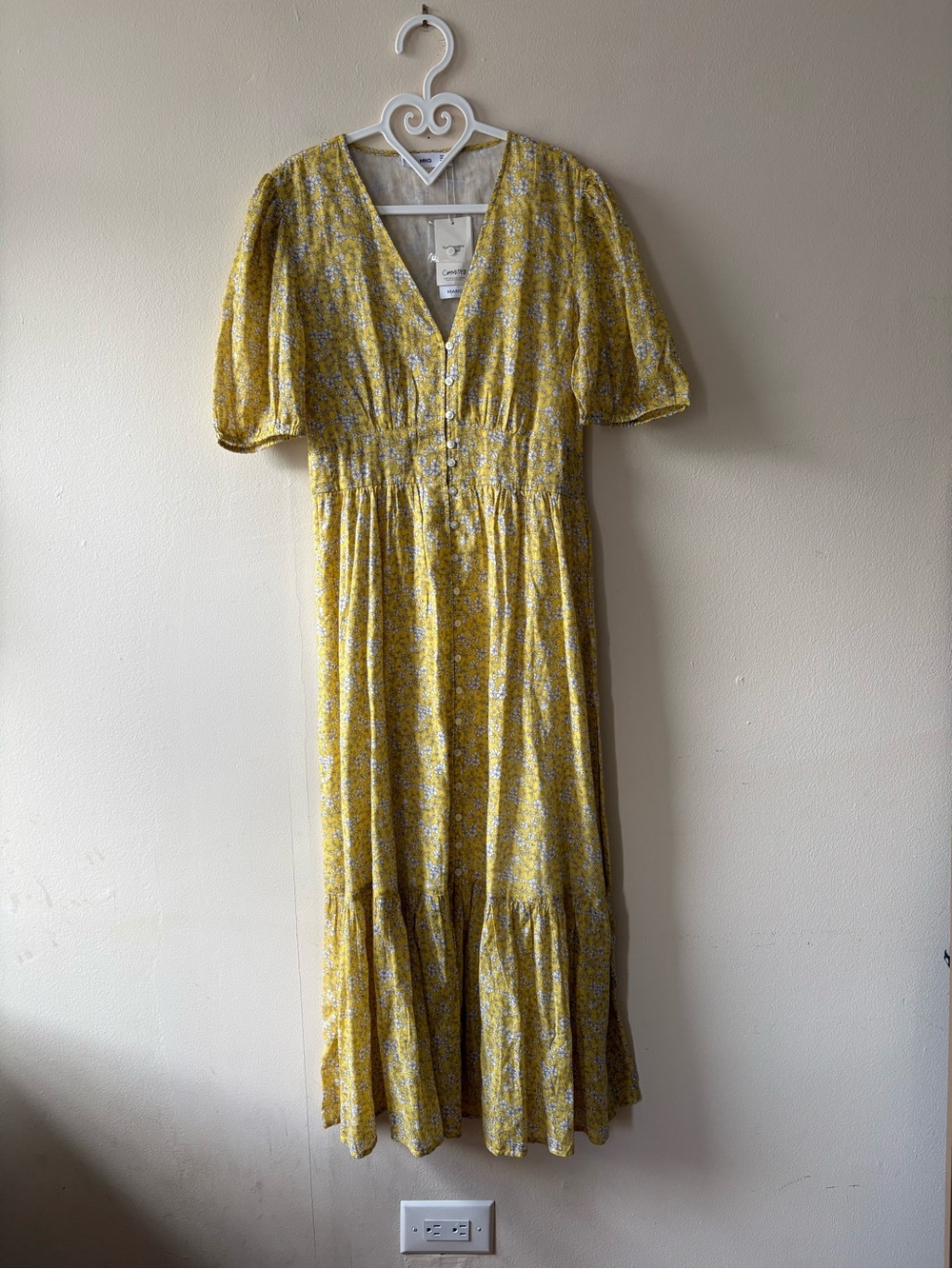 NWT Mango Yellow Floral Puff Sleeve Maxi Dress - Size S